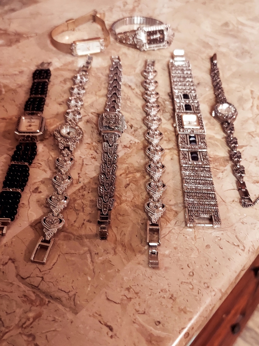 Silver Crystal Onyx Watches Lot Elegant Sighned Sparkle Vintage Marisite~